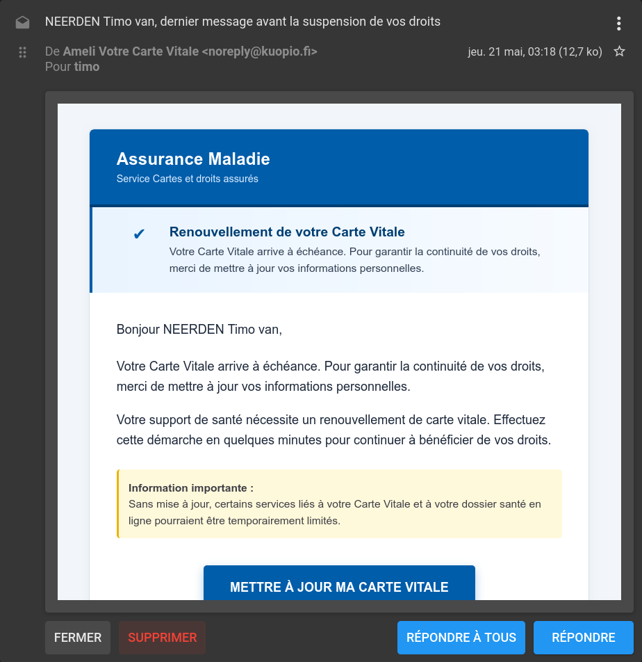 Capture d’écran d’un spam se faisant passer pour le compte Ameli.