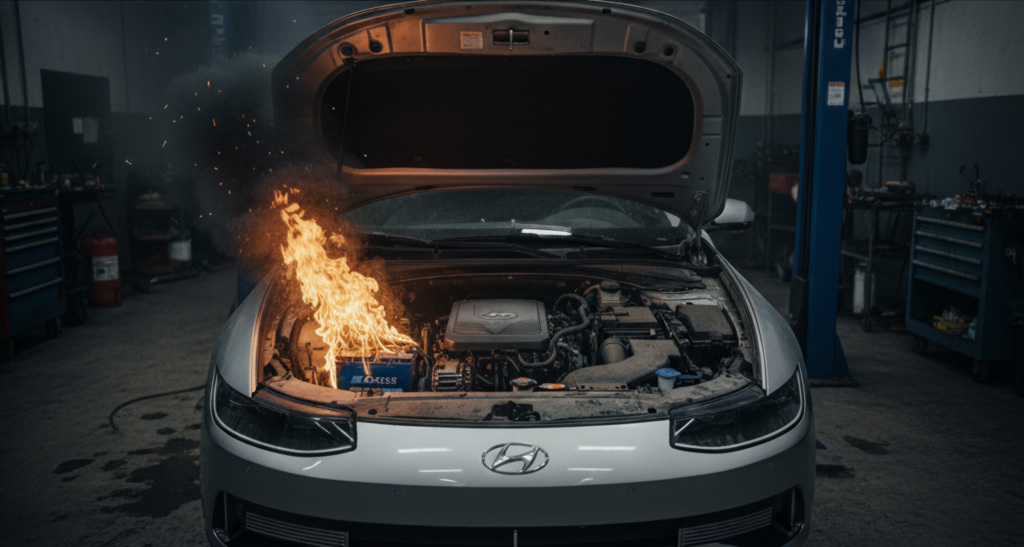 Suggestion de présentation, selon France 2 et Auto-Plus. Battery on fire in a car
